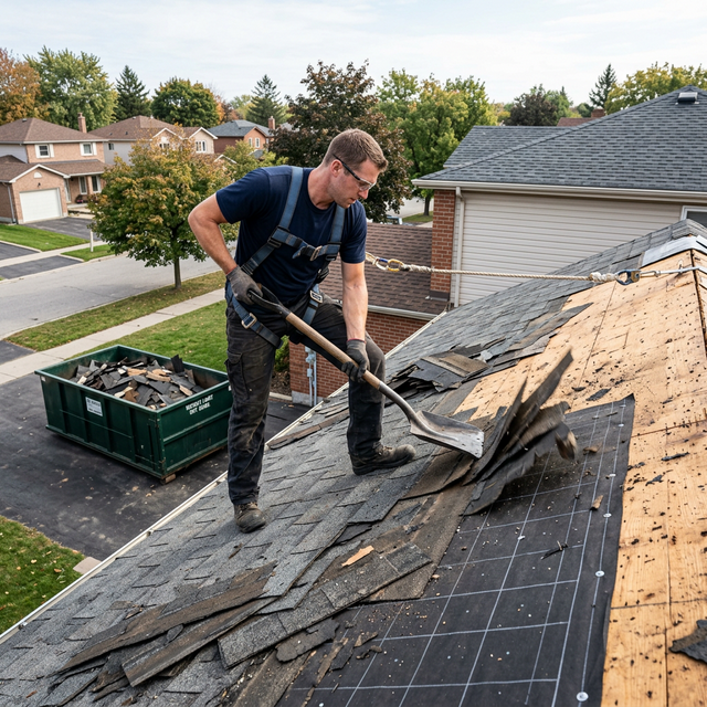 Professional roofer tearing off old shingles during a roof replacement in Brampton