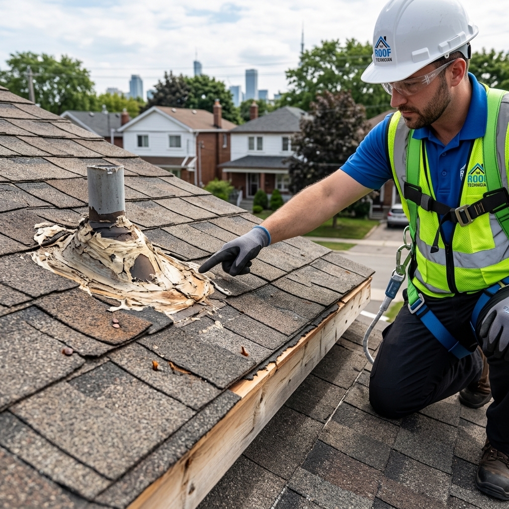 The Roof Technician inspector pointing out poor flashing and caulk on a bad roofing job in Toronto