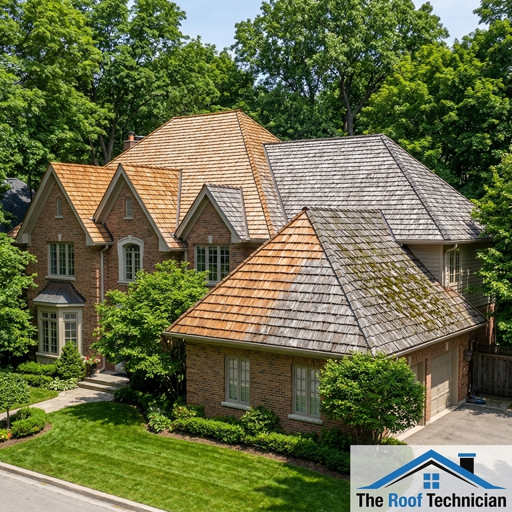 Cedar shake roof on Toronto home showing natural weathering and moss growth needing maintenance