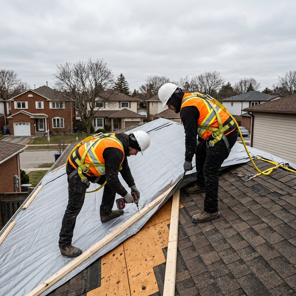 The Roof Technician crew in full safety harnesses and hard hats securing emergency tarp with lumber battens on storm-damaged Toronto roof