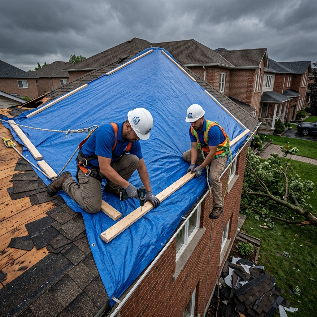 The Roof Technician crew securing emergency tarp on storm-damaged Toronto roof