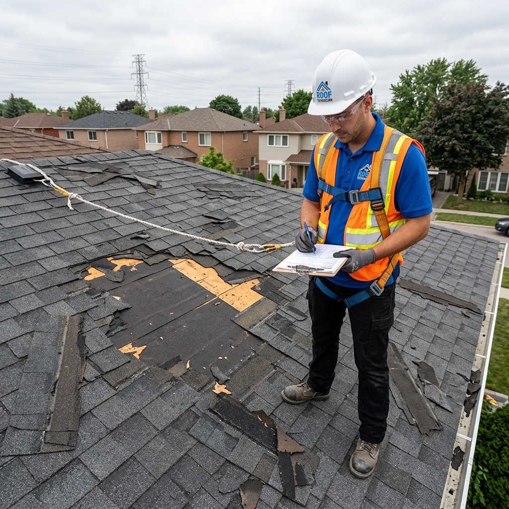 The Roof Technician inspector documenting storm damage on Toronto roof for insurance claim