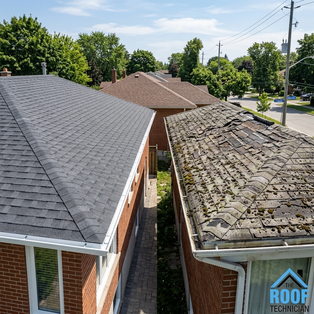 Side-by-side comparison of new and deteriorating asphalt shingle roofs in Toronto