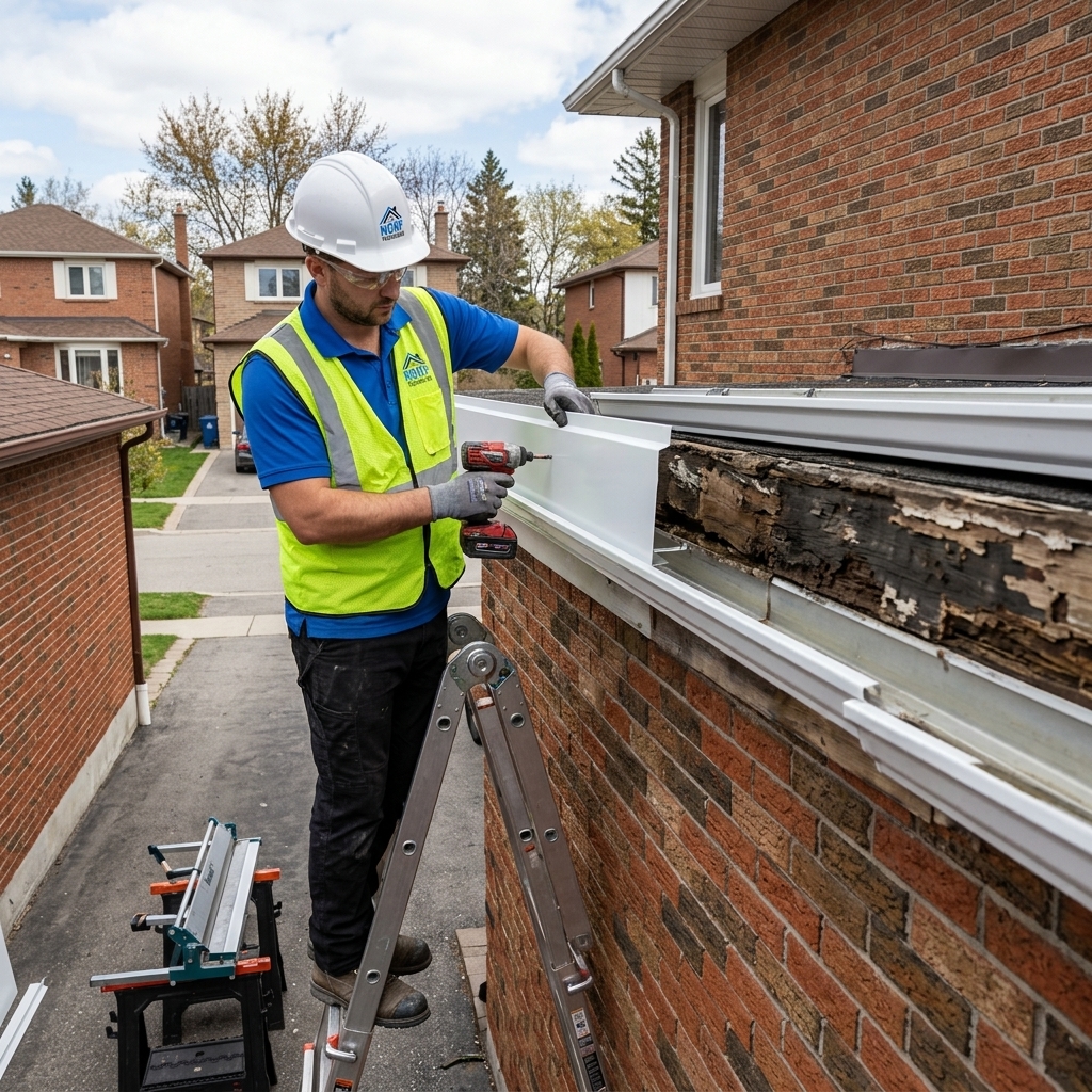 The Roof Technician worker replacing rotted fascia with new aluminum on Toronto home