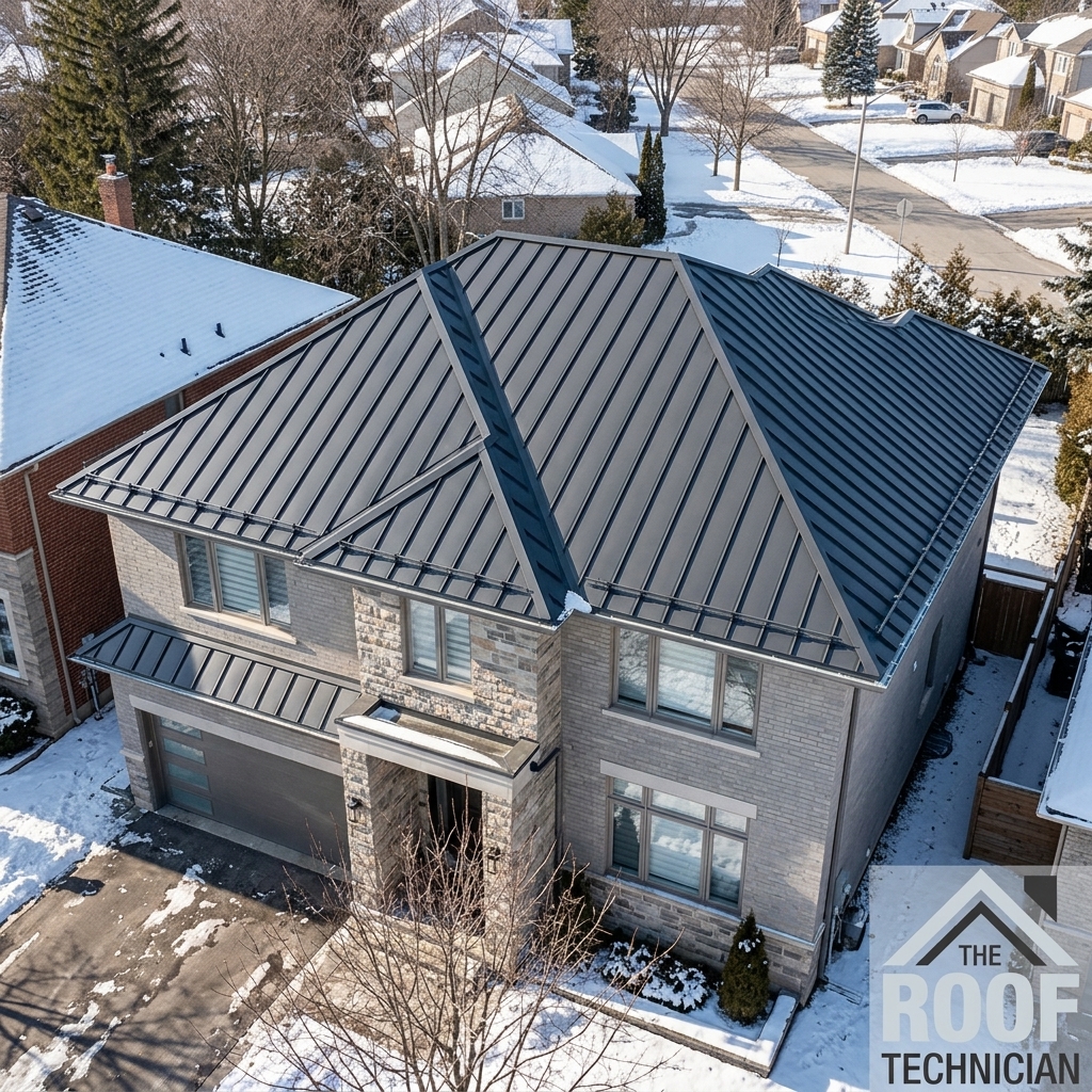 Beautiful charcoal standing seam metal roof on Toronto home in winter with snow
