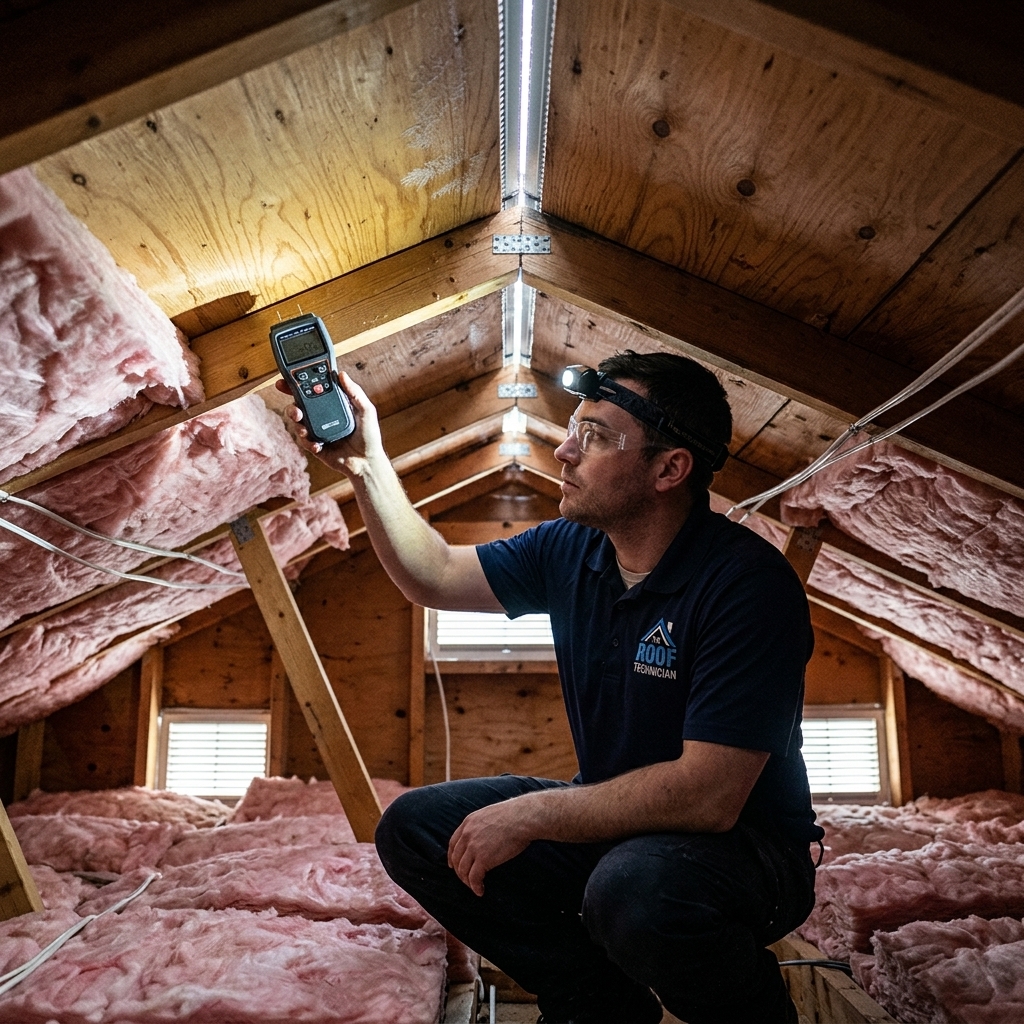 The Roof Technician inspector checking attic insulation and ventilation with moisture meter to diagnose ice dam causes