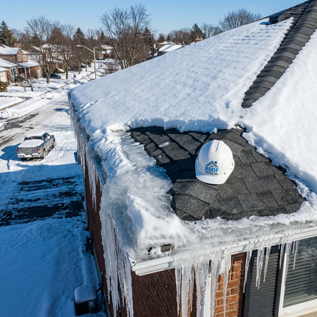 Ice dam formation with icicles along eaves of Toronto residential roof in winter with The Roof Technician branded hard hat