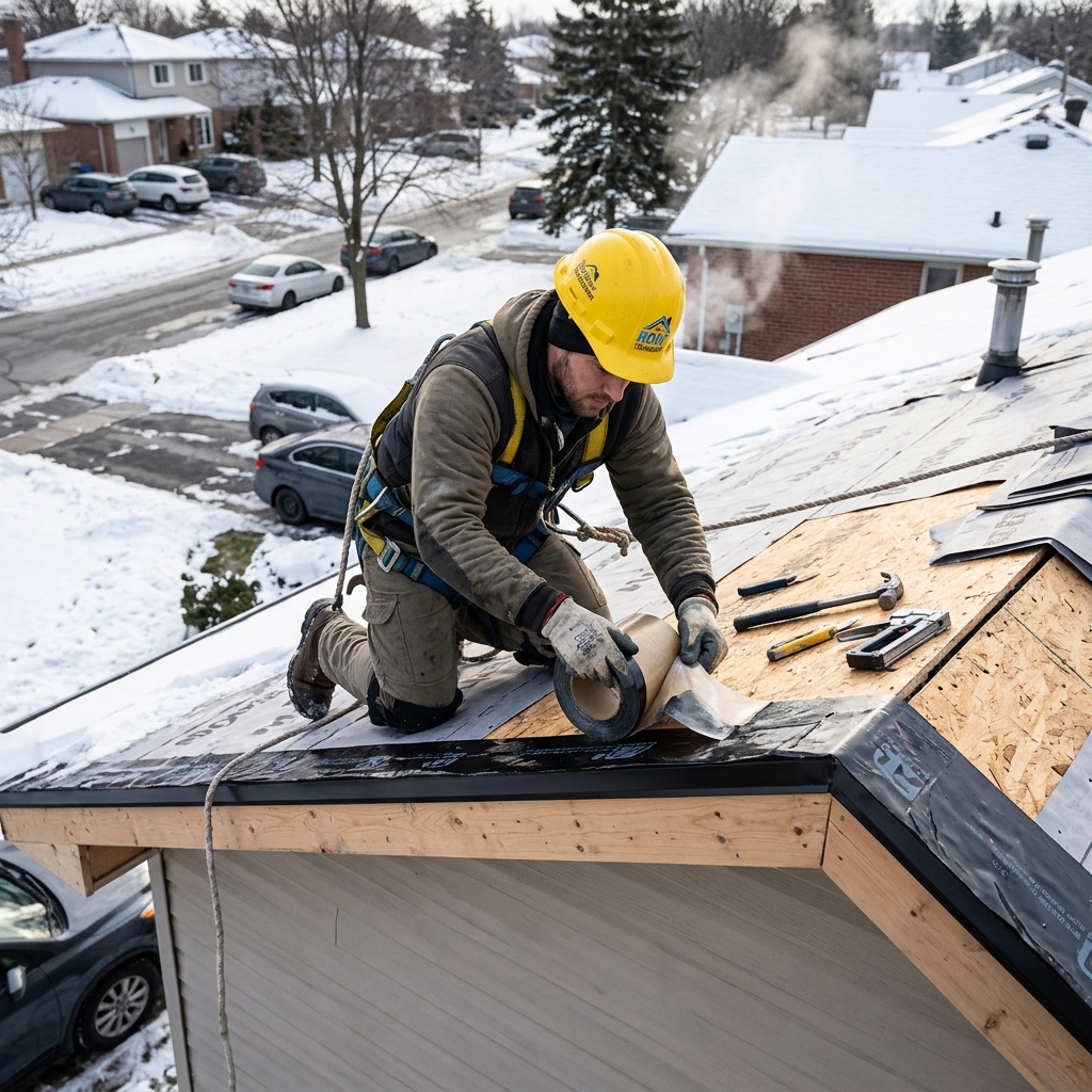 The Roof Technician worker installing ice and water shield membrane along roof eaves to prevent ice dams in Toronto