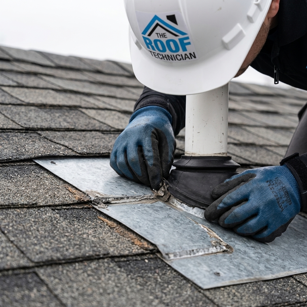 The Roof Technician worker inspecting vent pipe flashing and rubber boot seal on Toronto residential roof
