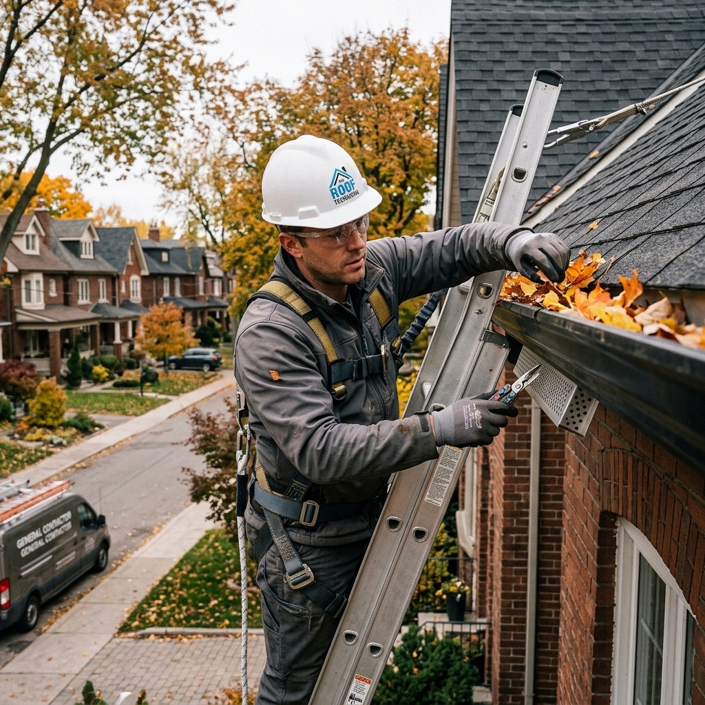 The Roof Technician worker inspecting eavestroughs and soffit vents from ladder on Toronto home in autumn