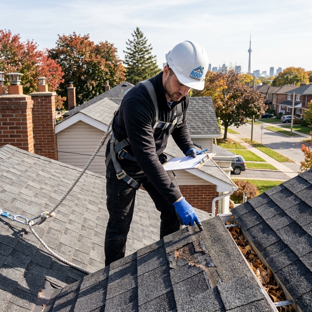 The Roof Technician worker conducting thorough roof inspection with clipboard on Toronto residential home in autumn