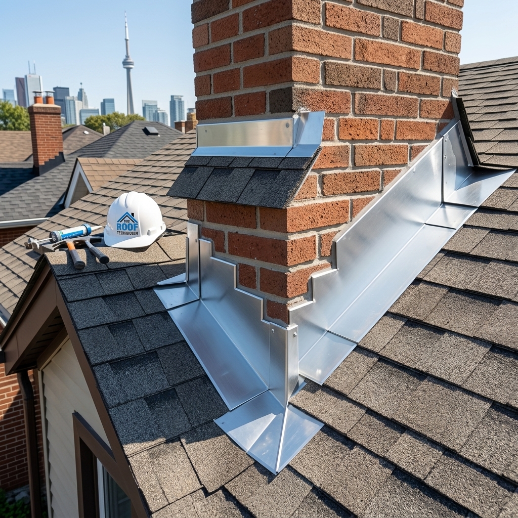 Completed chimney flashing repair with new aluminum step and counter-flashing on Toronto roof with CN Tower skyline