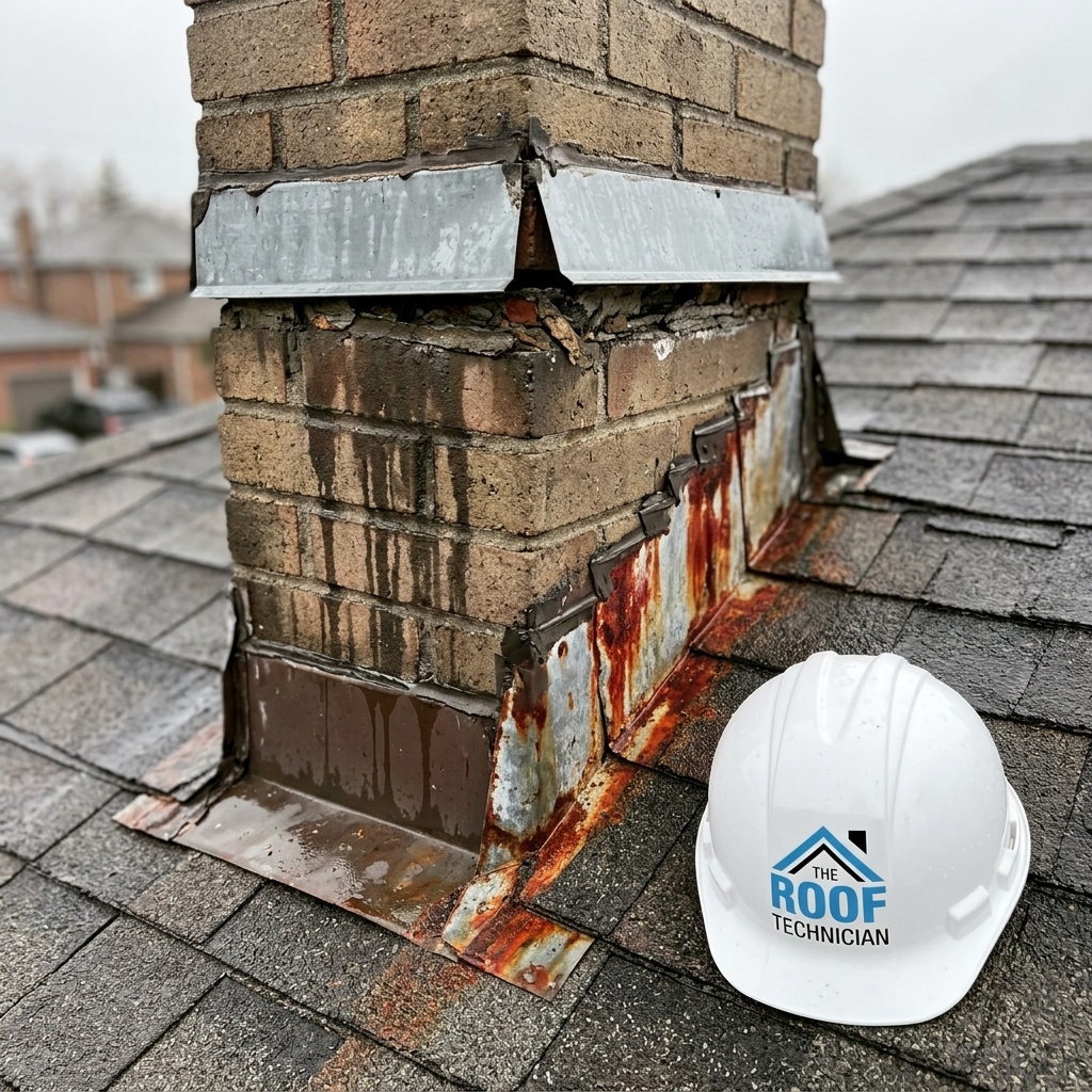 Damaged chimney flashing with rust stains and separated counter-flashing on Toronto residential roof with The Roof Technician hard hat