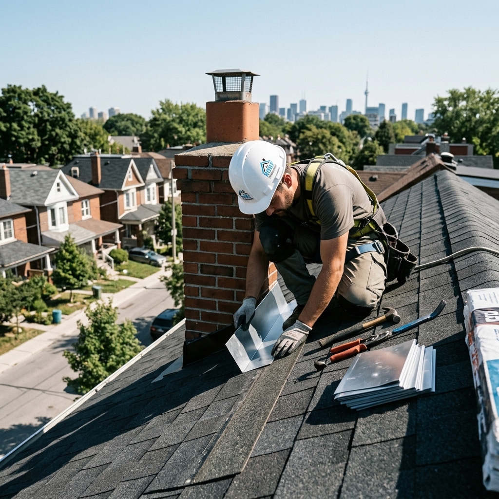 The Roof Technician worker installing new aluminum step flashing along brick chimney on Toronto residential roof