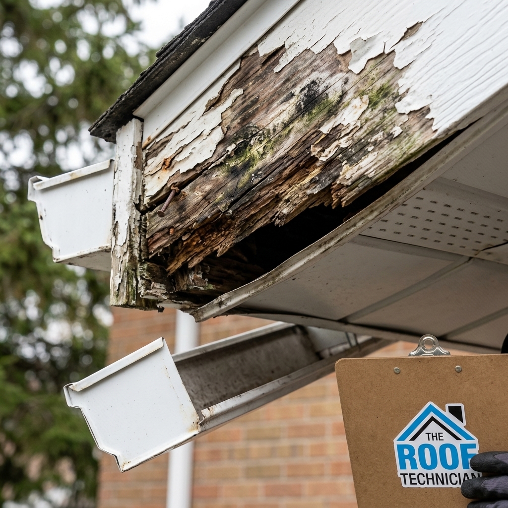 Severely rotted wooden fascia board with peeling paint and detached eavestrough on Toronto home with The Roof Technician clipboard