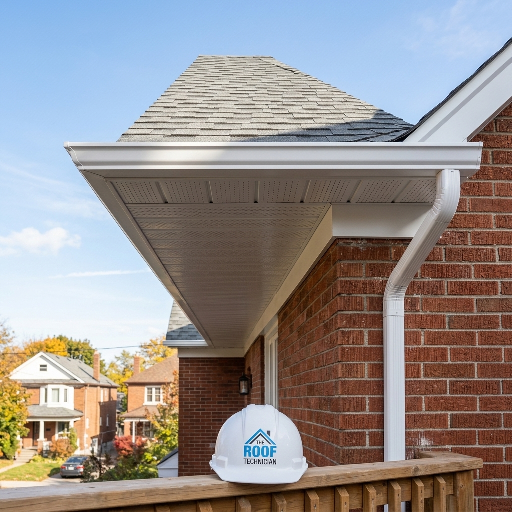 Completed soffit and fascia replacement with pristine white aluminum panels and seamless eavestrough on Toronto brick home