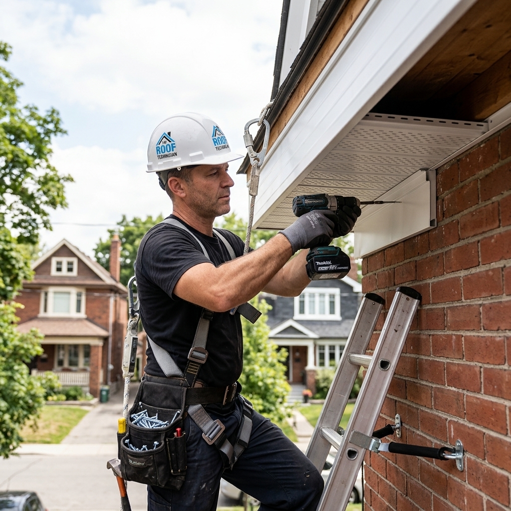The Roof Technician worker installing white aluminum soffit panels from ladder on Toronto residential home