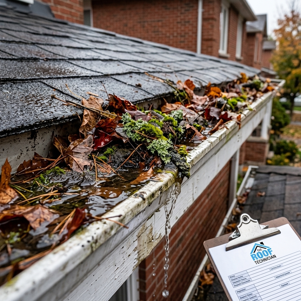 Severely clogged eavestrough overflowing with leaves and standing water on Toronto home with The Roof Technician inspection clipboard