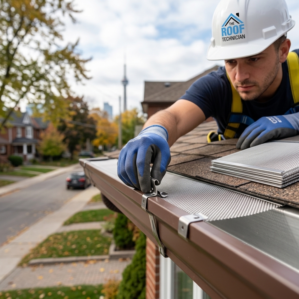 The Roof Technician worker installing micro-mesh gutter guard on eavestrough with CN Tower skyline in background