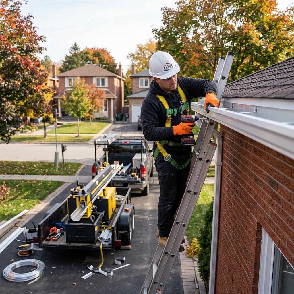 The Roof Technician worker installing seamless aluminum eavestrough with hidden hangers on Toronto residential home