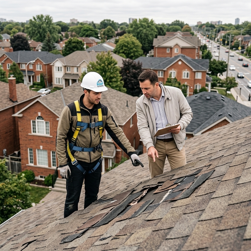 The Roof Technician worker and insurance adjuster examining wind damage on Toronto residential roof together