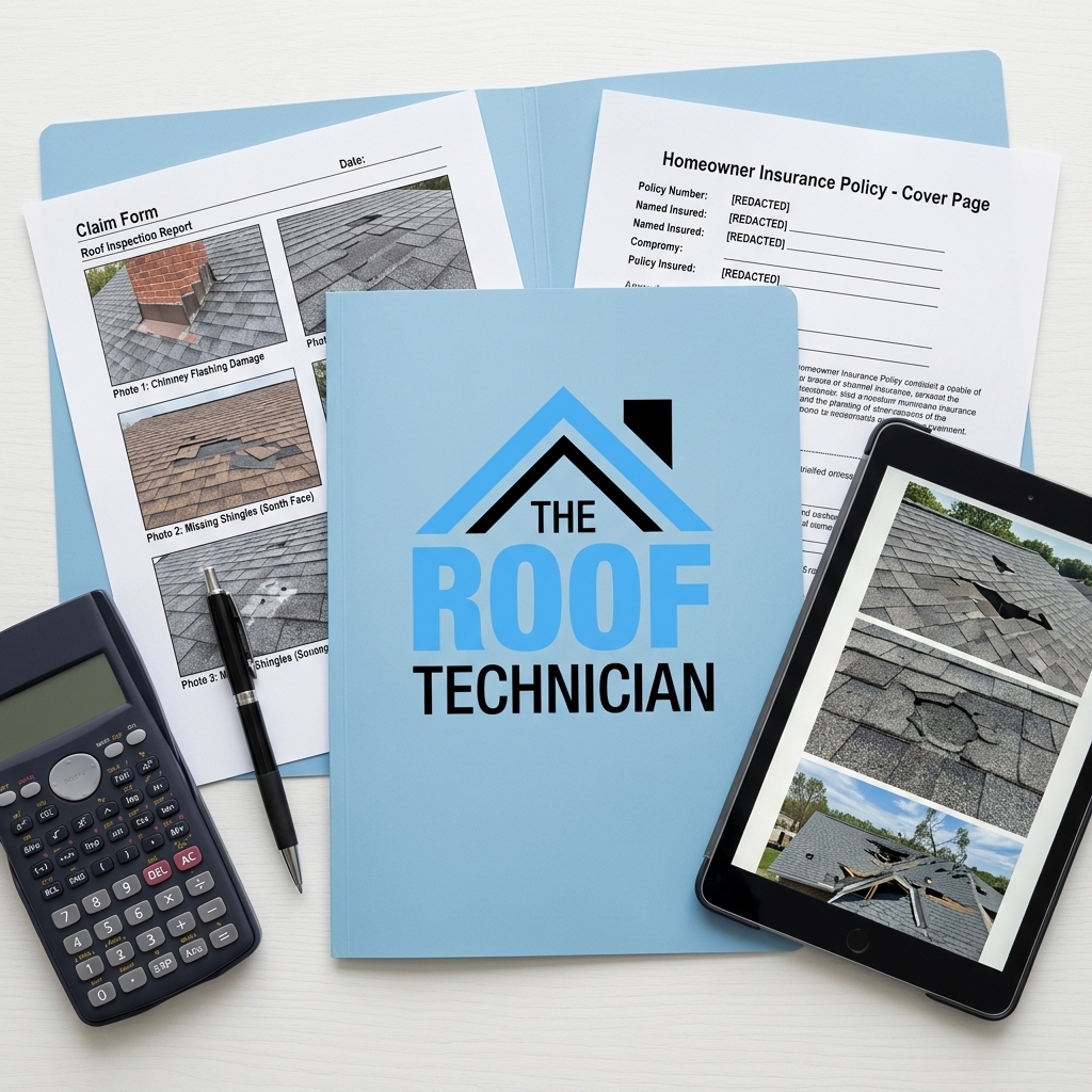 The Roof Technician branded folder with roof insurance claim documents inspection report and calculator