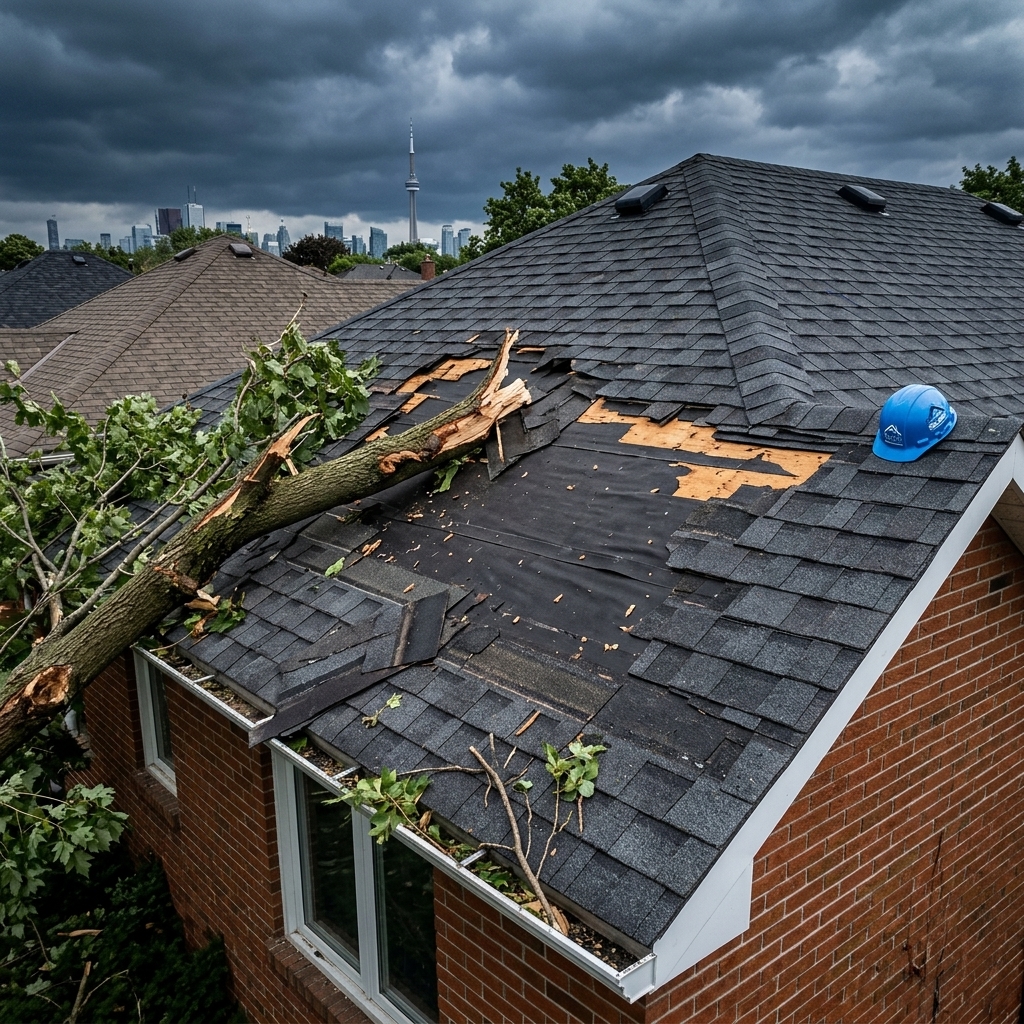 Storm damage on Toronto residential roof with missing shingles and fallen tree branch with The Roof Technician hard hat