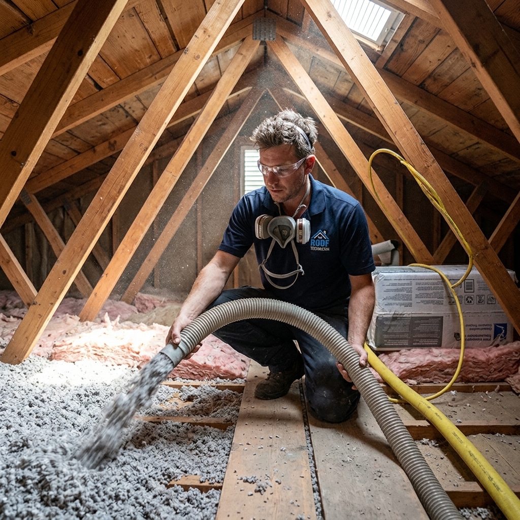 The Roof Technician worker blowing cellulose attic insulation between joists to prepare Toronto home for winter