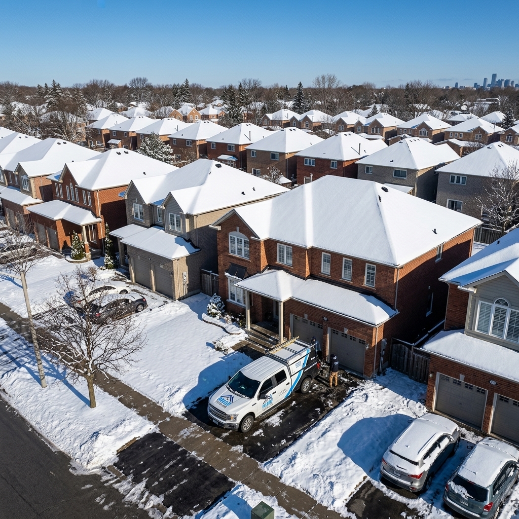 Aerial view of Toronto residential neighbourhood with snow-covered roofs and The Roof Technician branded work truck in driveway
