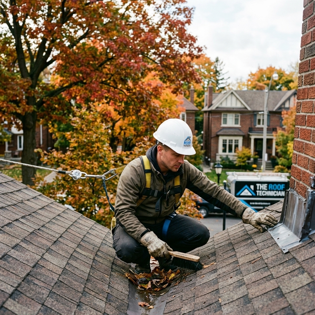 The Roof Technician worker clearing debris from roof valley and checking flashing before winter with autumn foliage in background