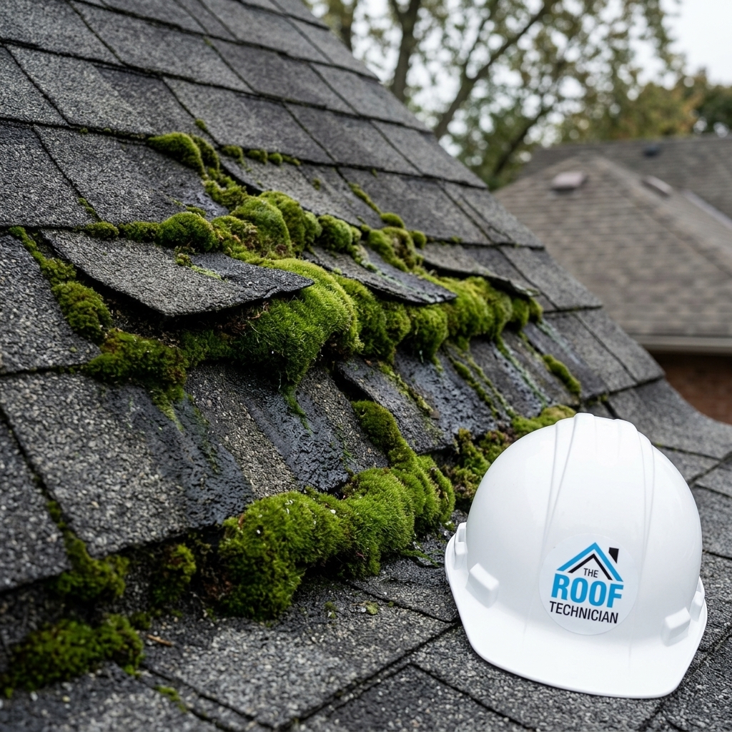 Thick green moss growth on asphalt shingles with lifted curling tabs on shaded Toronto roof with The Roof Technician hard hat