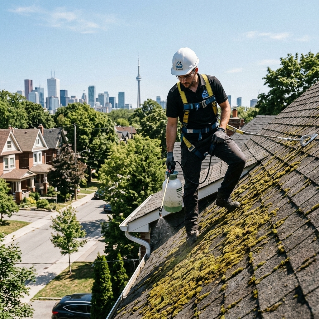 The Roof Technician worker applying eco-friendly moss treatment solution with pump sprayer on Toronto roof with CN Tower skyline