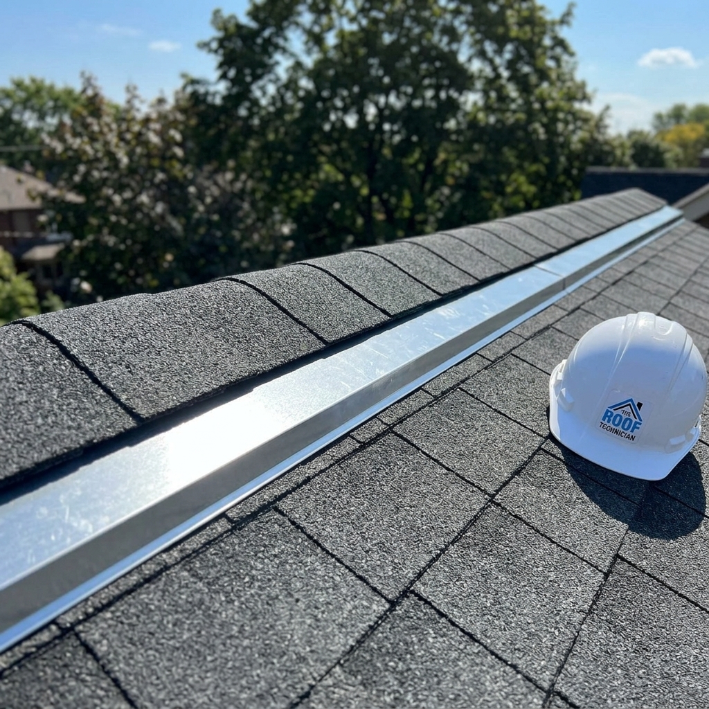 Zinc strip installed along ridge of Toronto asphalt shingle roof for moss prevention with The Roof Technician hard hat