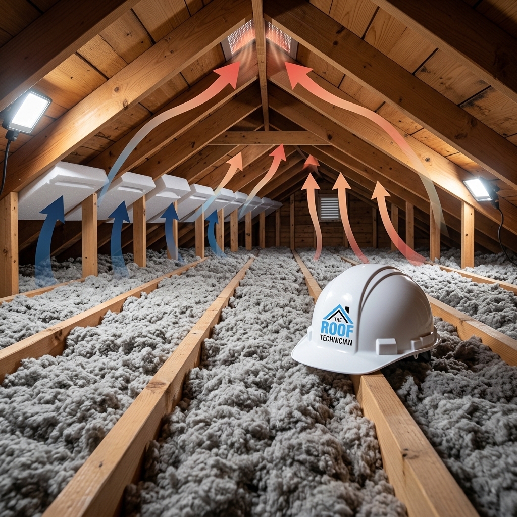 Attic ventilation and insulation diagram showing airflow with The Roof Technician hard hat on joist