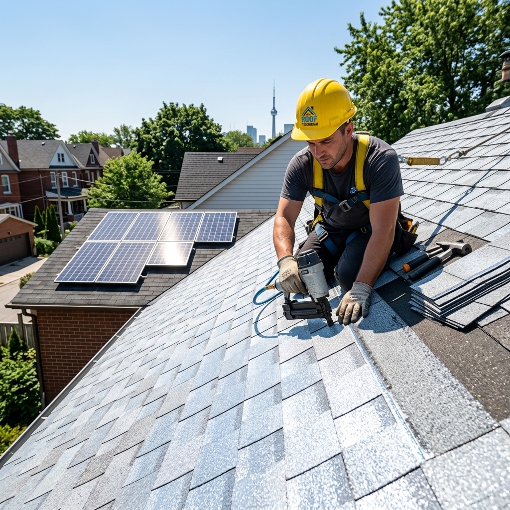 The Roof Technician worker installing energy-efficient reflective shingles on Toronto home with solar panels visible