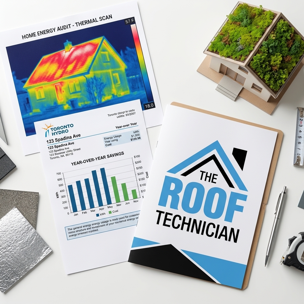 Energy audit thermal scan and utility bill with The Roof Technician branded folder showing roofing energy efficiency