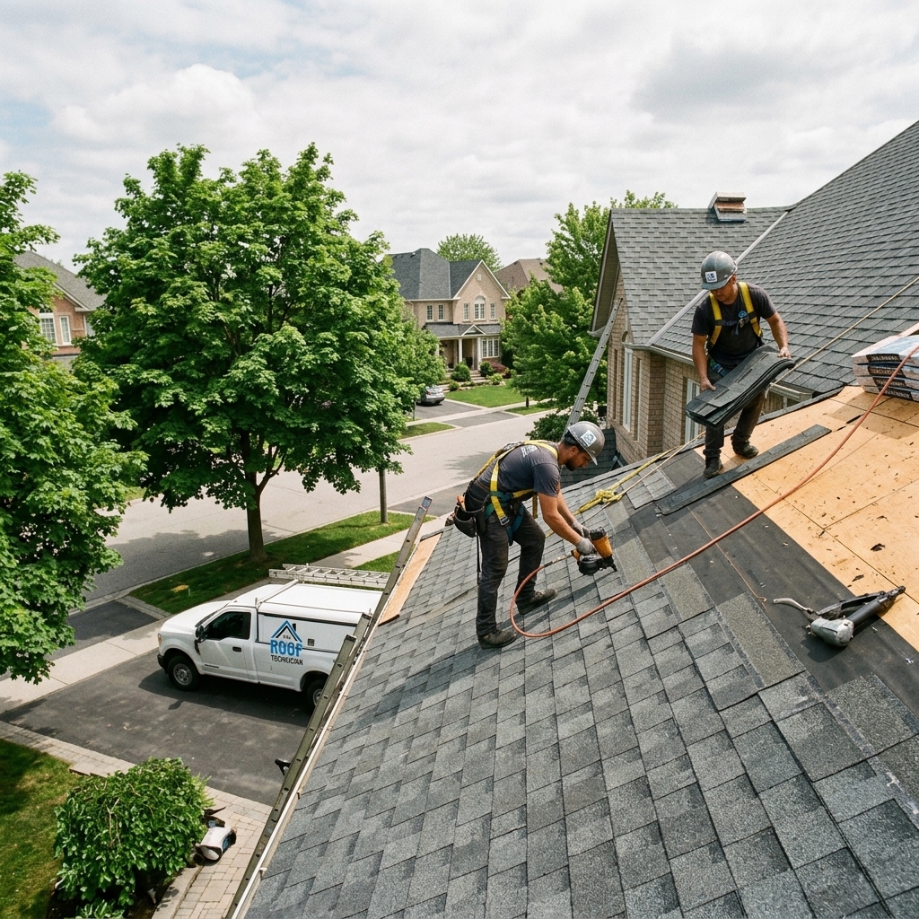 The Roof Technician crew completing roof replacement on large Markham Ontario home with branded truck in driveway