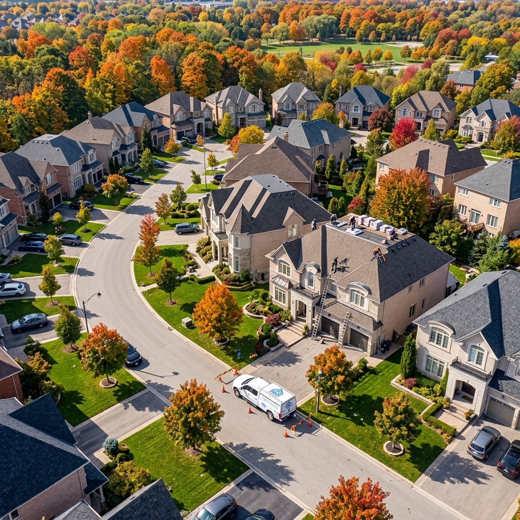 Aerial view of Richmond Hill Ontario executive neighbourhood with The Roof Technician truck during roof work