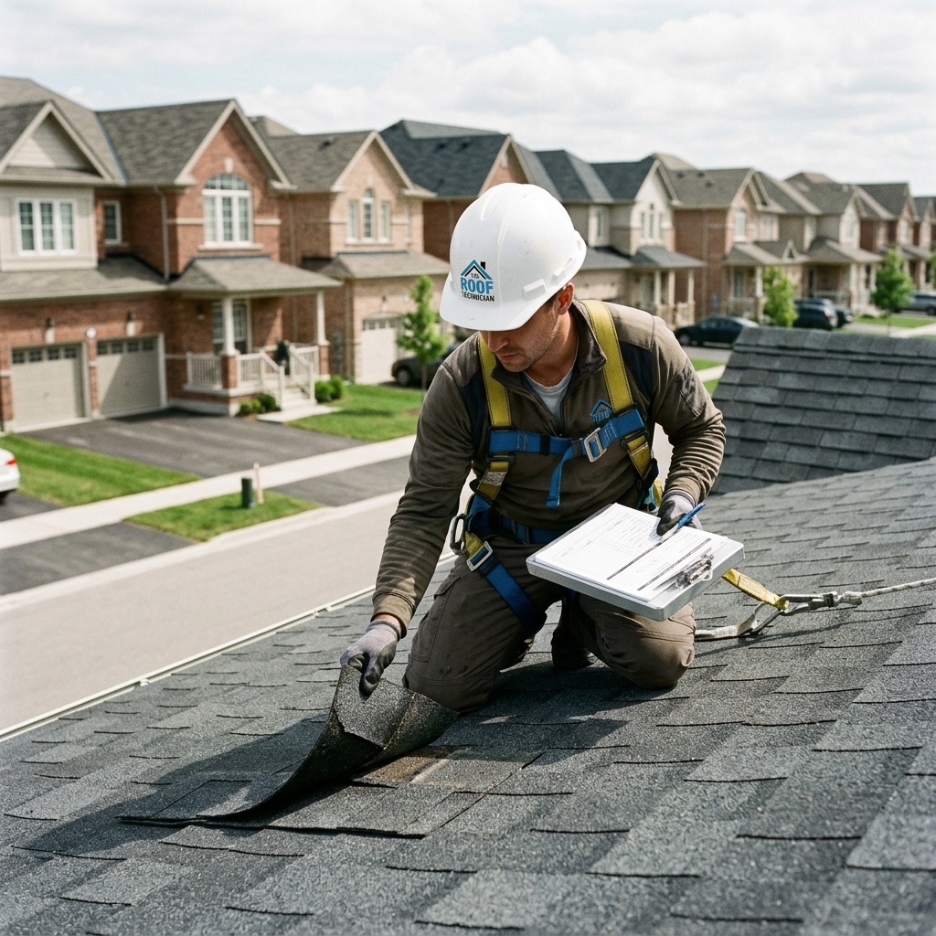 The Roof Technician worker inspecting shingle condition on Markham home roof with clipboard and safety harness