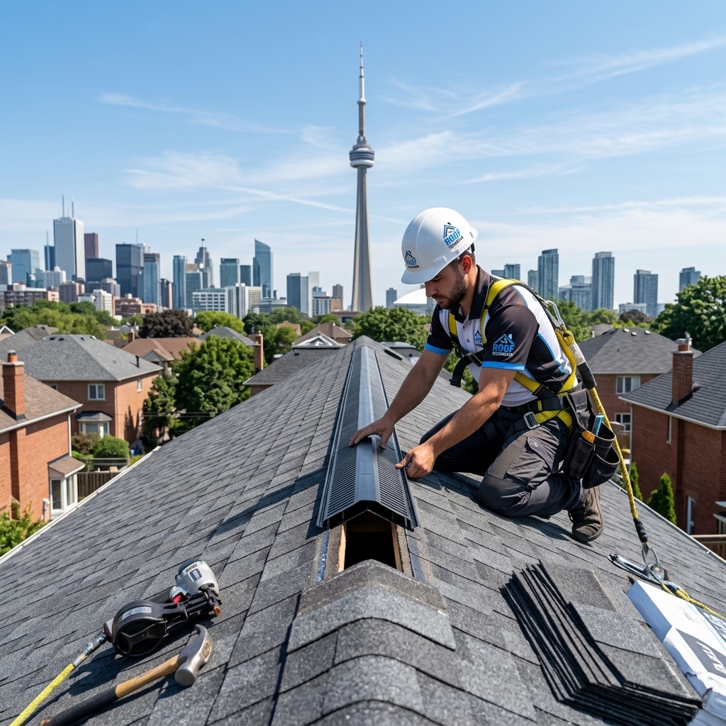 The Roof Technician worker installing ridge vent on Toronto residential roof with CN Tower skyline