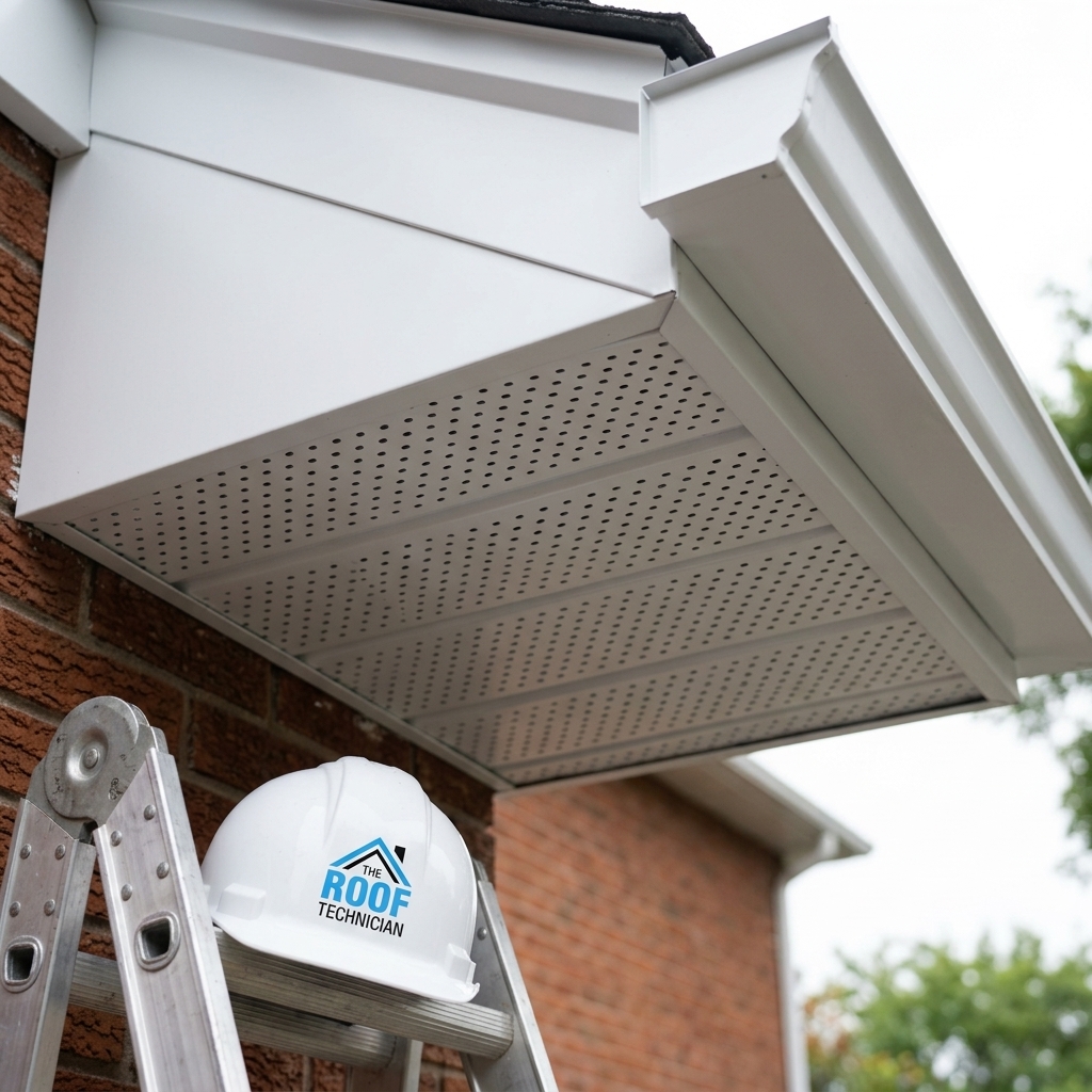 Perforated aluminum soffit vent panels on Toronto home with The Roof Technician hard hat on ladder