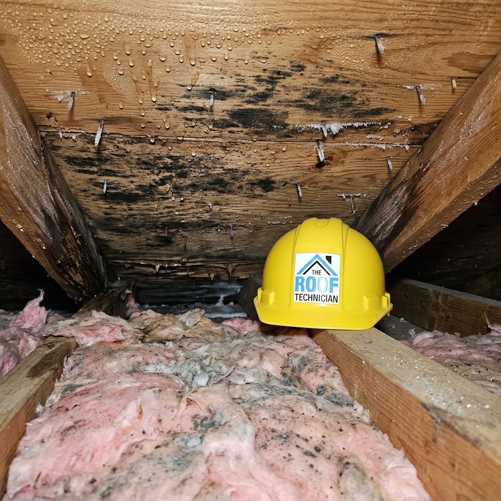 Severe condensation and mould on attic roof deck from poor ventilation with The Roof Technician hard hat