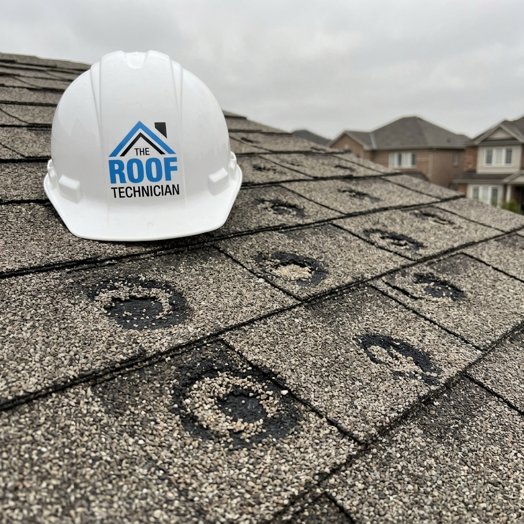 Close-up hail damage on asphalt shingles with impact marks and exposed substrate with The Roof Technician hard hat