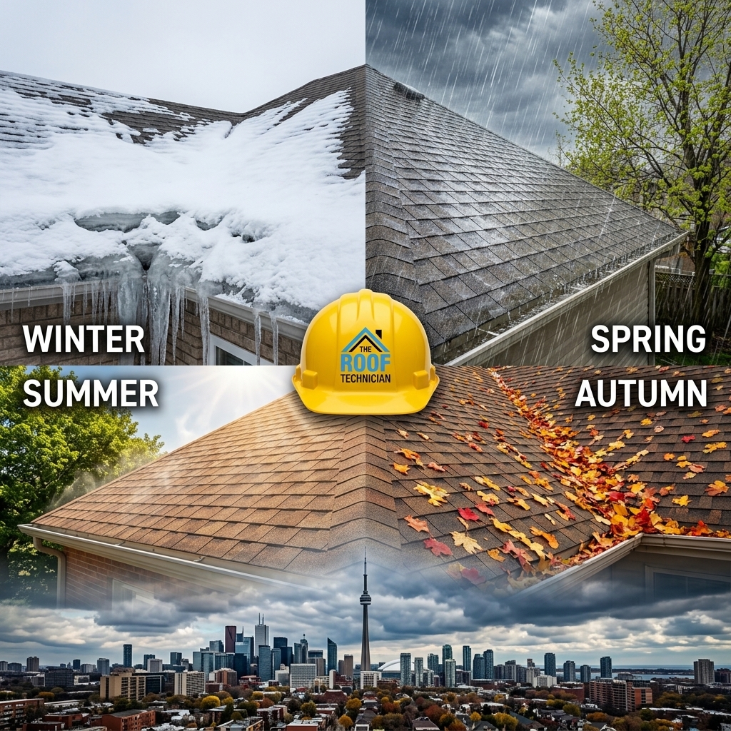 Four seasons weather impact on Toronto residential roof showing winter ice spring rain summer heat and autumn leaves with The Roof Technician hard hat