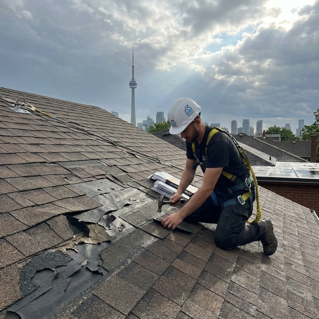 The Roof Technician worker repairing wind damage on Toronto roof replacing blown-off shingles after storm