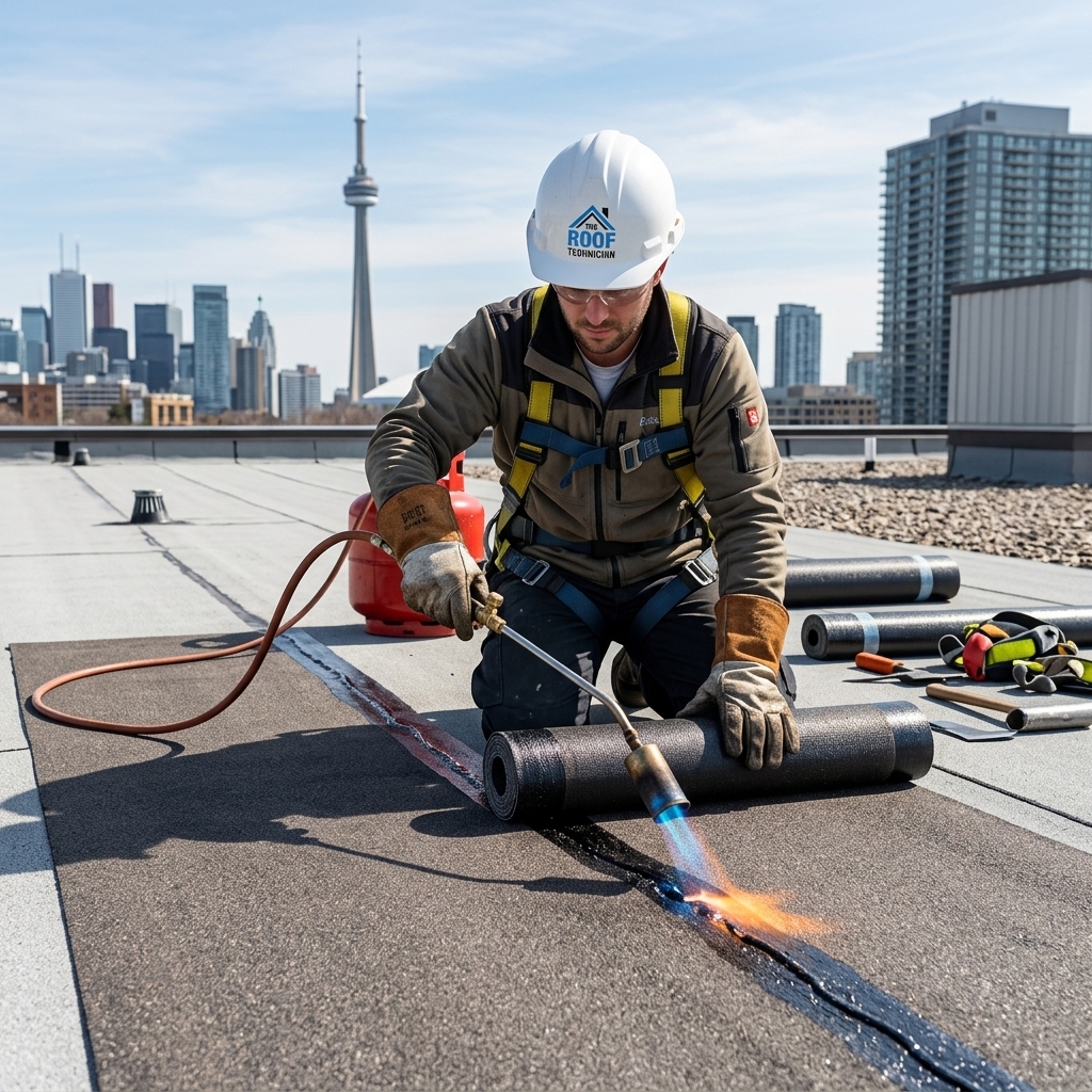 The Roof Technician worker torch-applying modified bitumen membrane on flat roof in Toronto
