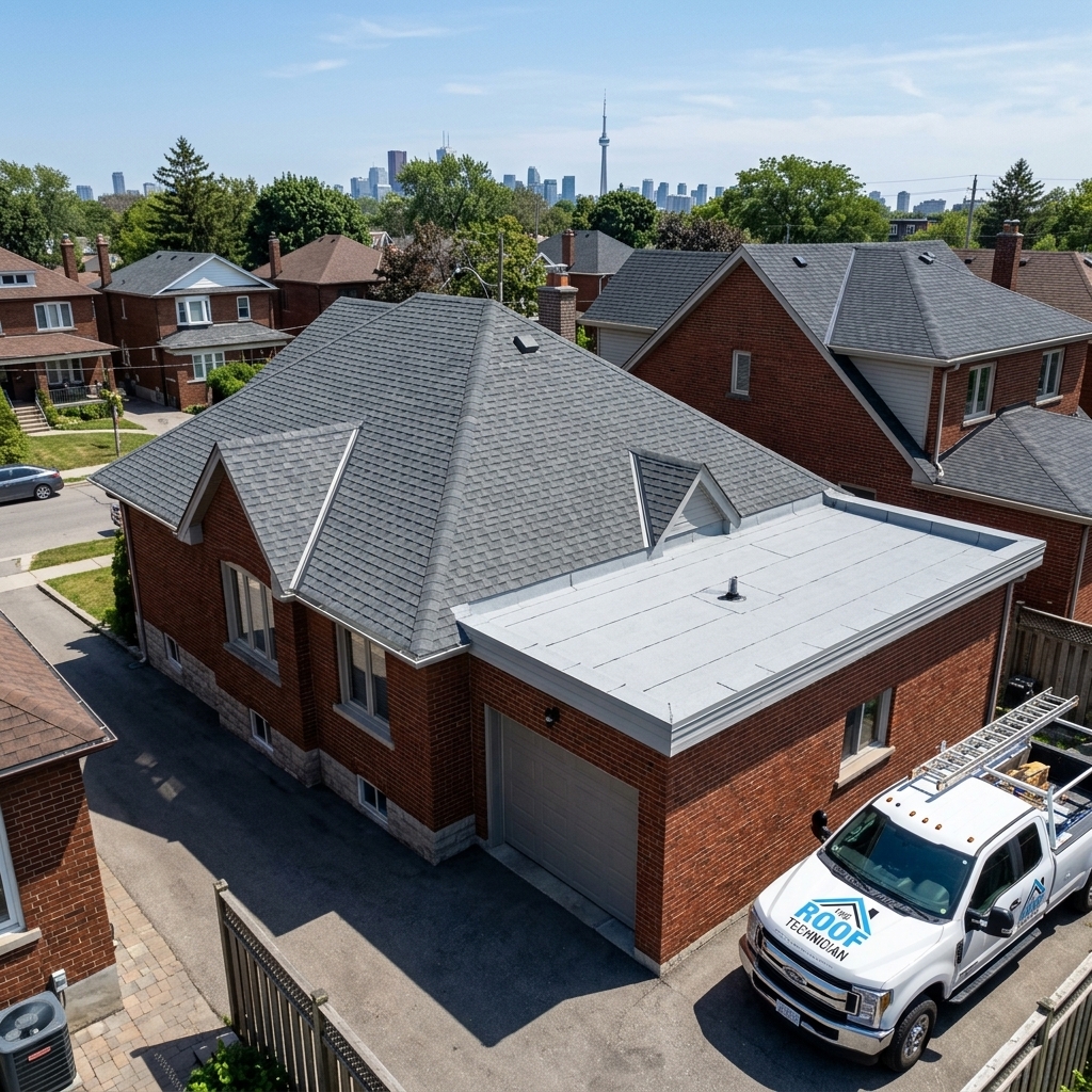 Aerial view of Toronto home with both flat and pitched roof sections with The Roof Technician branded truck