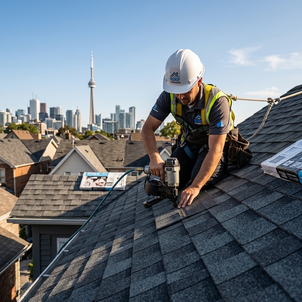 The Roof Technician worker installing architectural shingles on steep pitched roof with Toronto skyline
