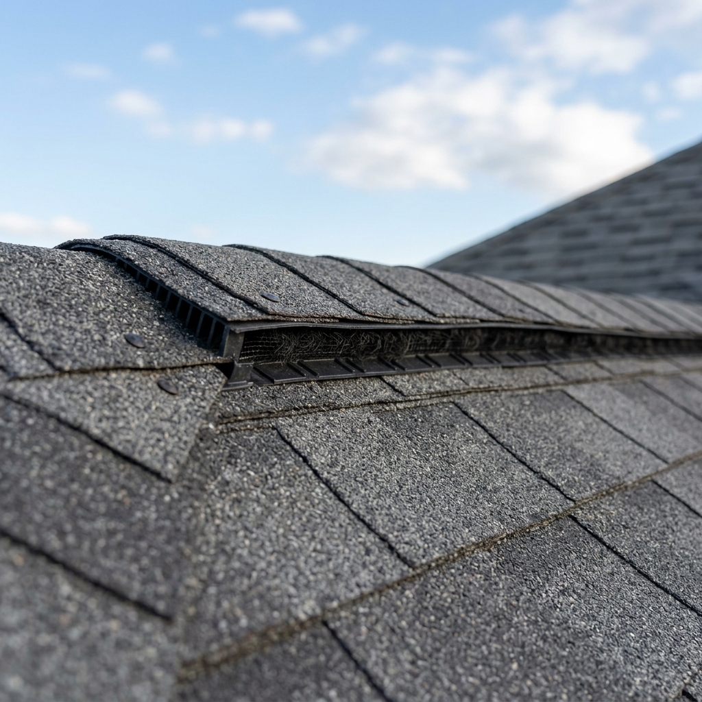 An extreme close-up view of a high-quality baffled ridge vent installed on an asphalt shingle roof, showing the internal weather filter that blocks snow and rain.