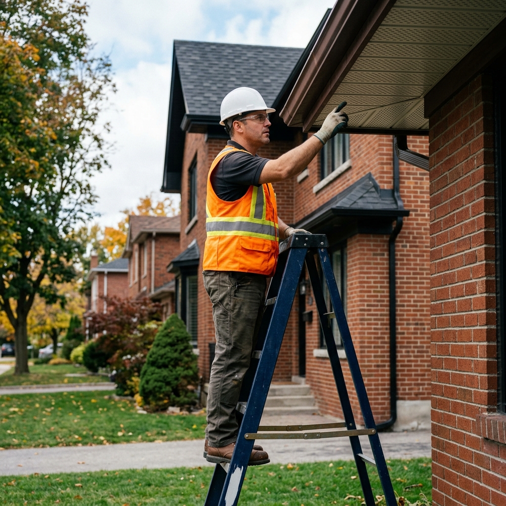 A professional roofing technician safely working on a ladder to replace painted-over, clogged aluminum soffit panels with high-flow vented soffits on a Toronto home.